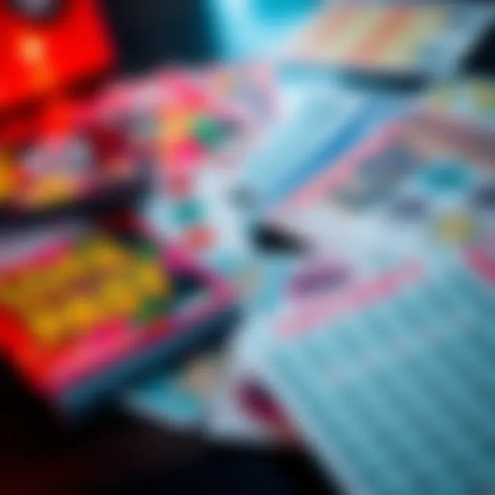 Scratch cards and lottery tickets A close-up view of scratch cards and lottery tickets on a table, showing vibrant colors and various designs, emphasizing the thrill of choosing between them.