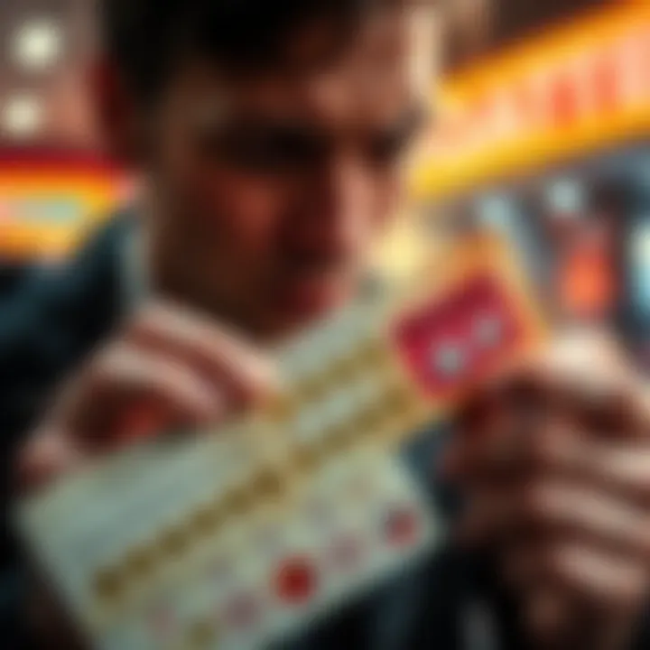 A person scratching off a lottery ticket, revealing some small winnings, but looking disappointed with the overall outcome.