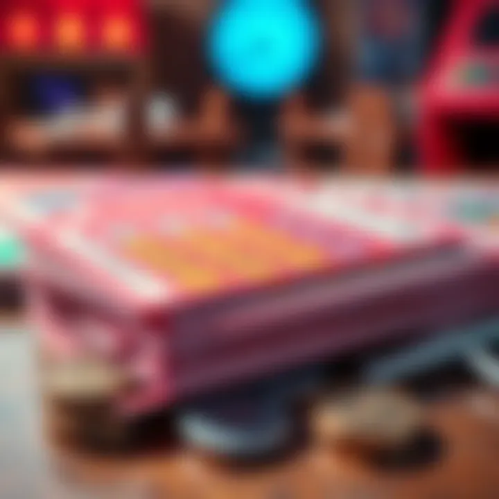 A close-up view of colorful scratch lottery tickets stacked on a table, with some coins and a scratching tool nearby.