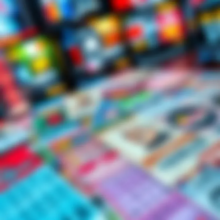 A collection of colorful scratch-off lottery tickets laid out on a table in New York, showcasing different designs and prize amounts.