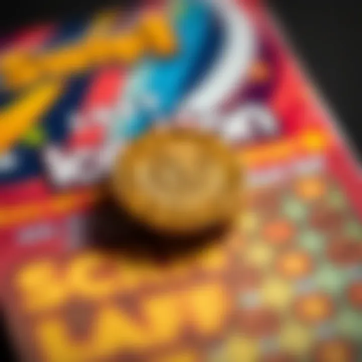 A close-up of a colorful scratch-off lottery ticket with a coin ready to scratch it off