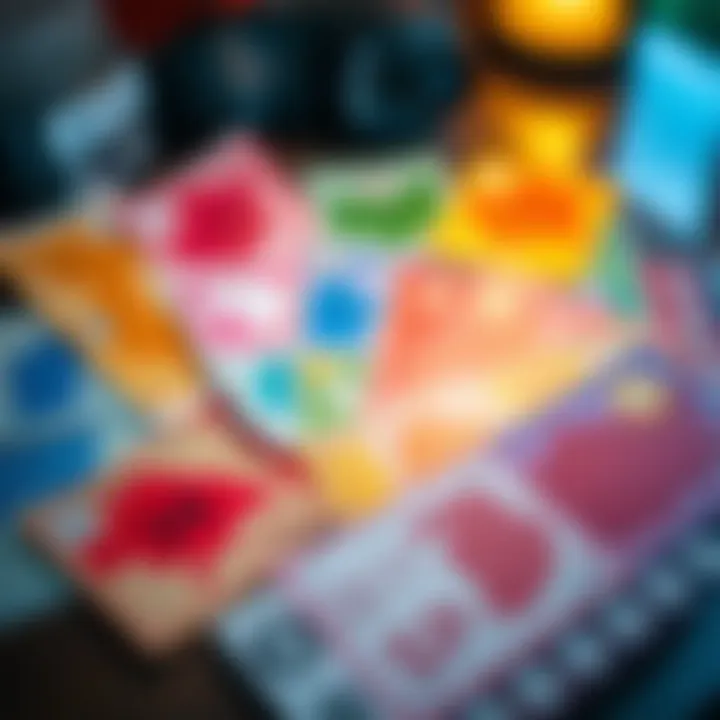 A collection of colorful scratch-off lottery tickets spread out on a table, highlighting various state themes