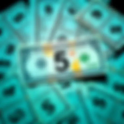 A collection of scratch-off lottery tickets with one ticket displaying a five dollar win