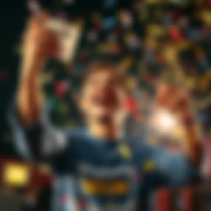 A person celebrating after winning 1000 dollars from a scratch ticket, holding the ticket in one hand and throwing confetti in the air.