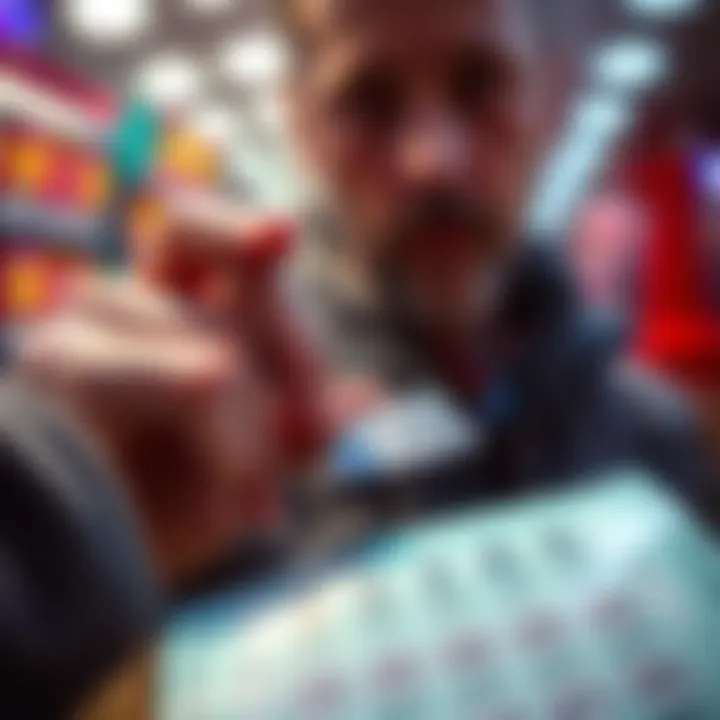 A person attempting to scratch off the silver area on a lottery ticket that won't come off