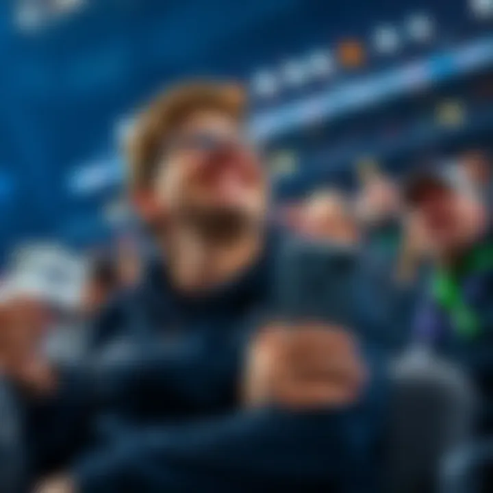 Seahawks Half-Time Betting A fan showing enthusiasm while watching a Seahawks game, with betting slips in hand during halftime.
