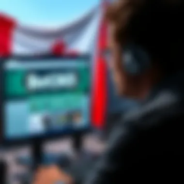 A person looking at a computer screen displaying Bet365 website, seeking verified accounts with a Canadian flag in the background