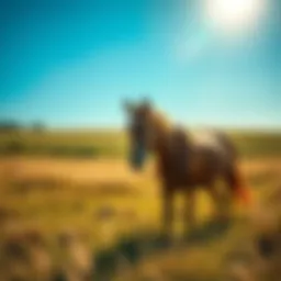 A retired racehorse, Secretariat, grazing in a sunny pasture, looking relaxed and content, symbolizing the life of a pensioned horse.