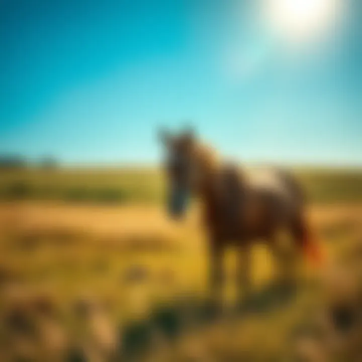A retired racehorse, Secretariat, grazing in a sunny pasture, looking relaxed and content, symbolizing the life of a pensioned horse.