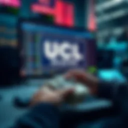 A person counting money with a computer screen showing UCL platform in the background