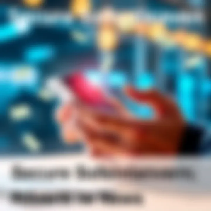 A person using a smartphone to make an instant transfer through a financial app, with cash symbols around.