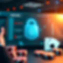 Illustration of a secure online casino interface with a padlock symbol and casino elements like cards and chips