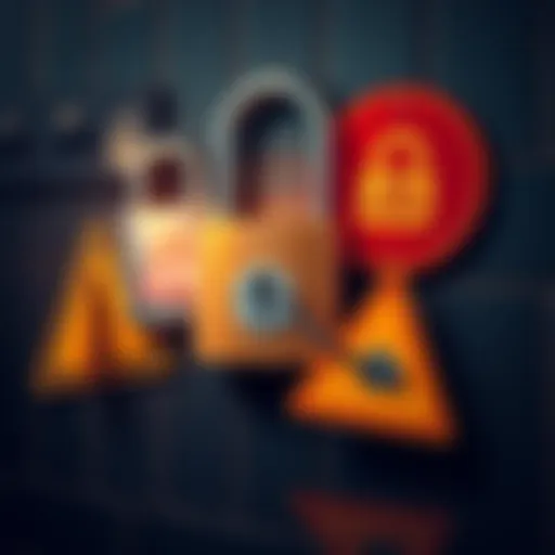 An illustration showing a lock and warning signs representing security risks and tactics of extortion.