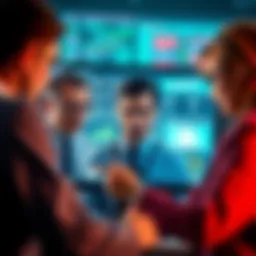 A group of professionals examining security protocols on a computer screen, discussing effectiveness and vulnerabilities.