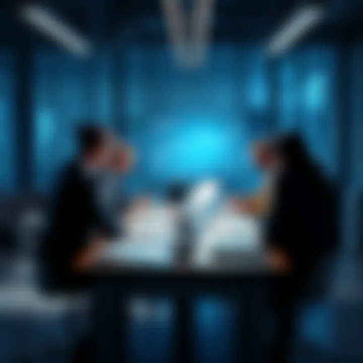 Security Strategies Discussion A group of people discussing safety strategies around a table with charts and documents on display.