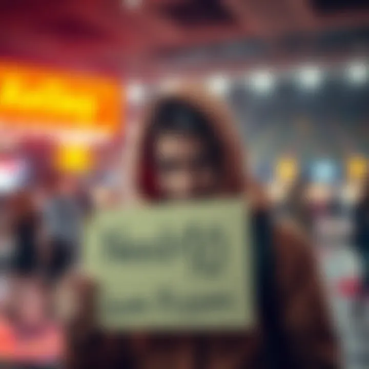 A person looking for help to raise money for betting opportunities, holding a sign that says 'Need $10'.