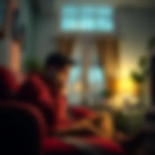 A person sitting in a cozy room, talking on a phone while looking thoughtful and concerned. A warm light fills the space, creating a sense of comfort. 