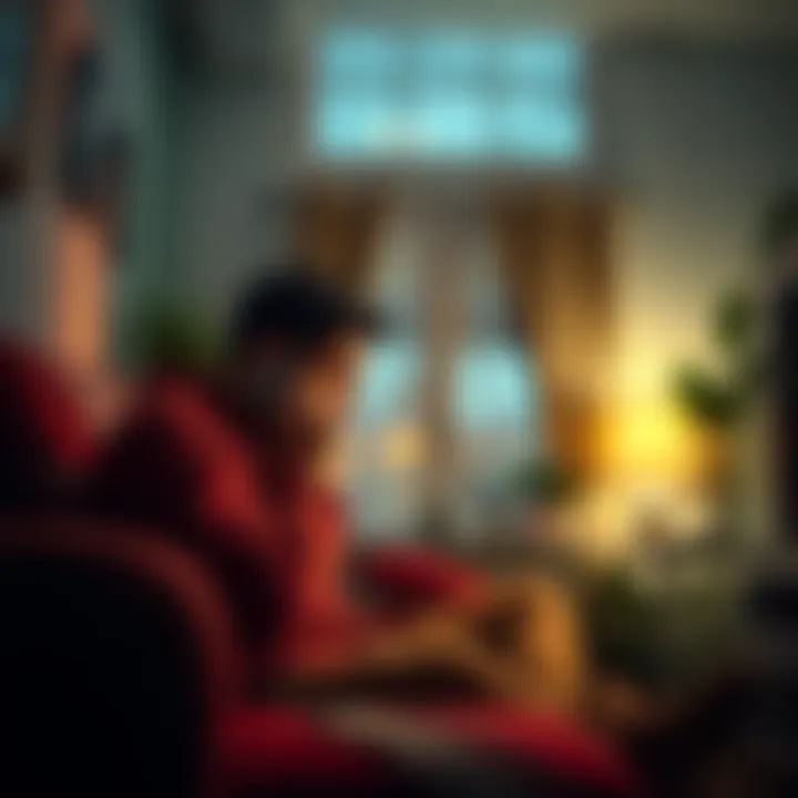 A person sitting in a cozy room, talking on a phone while looking thoughtful and concerned. A warm light fills the space, creating a sense of comfort. 