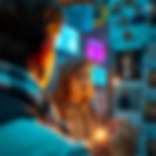 A person looking into a mirror, contemplating their self-image while surrounded by societal influences like social media and advertisements.