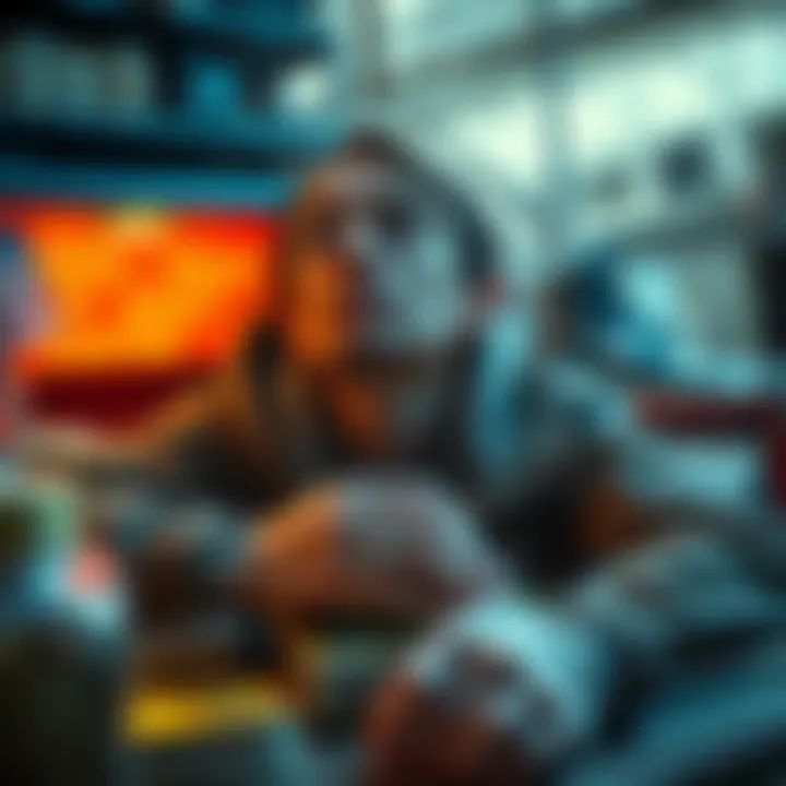 A person packing collectibles like baseball cards and gold bars for sale while looking worried