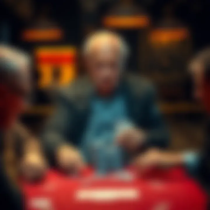 An older man bets all his chips in a poker game with a confident expression. He has KK while facing opponents with QhQc. The atmosphere is tense and focused on the poker table.