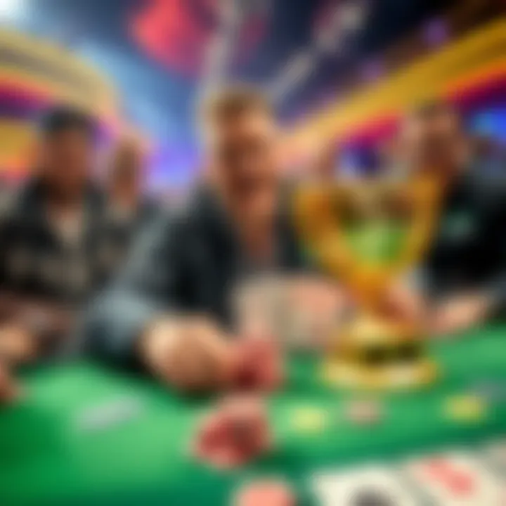 Senor Tilt celebrating his poker success with a trophy and chips at a table, surrounded by fellow players like Kevin Hart and Doug Polk