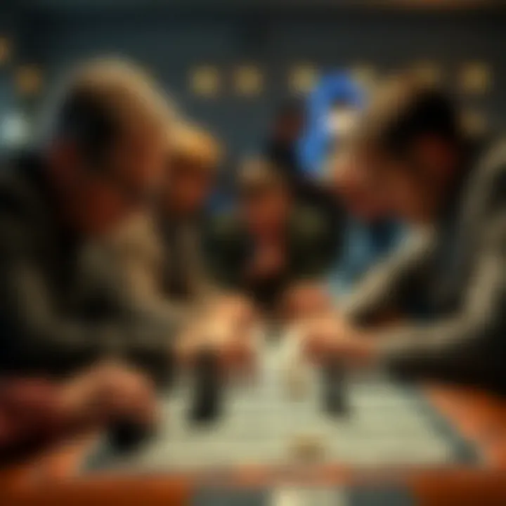 A group of focused players engaged in a strategic board game, showcasing intense concentration and careful planning