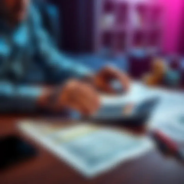 A person analyzing gambling data and tax documents on a desk with a calculator and papers