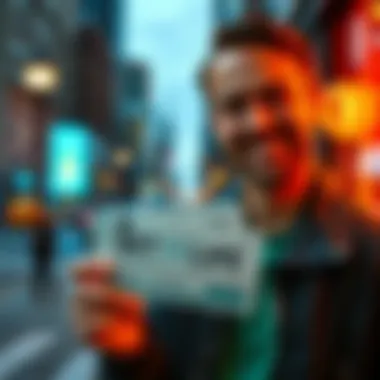 A smiling lottery winner holding a SET FOR LIFE scratch-off ticket in New York City
