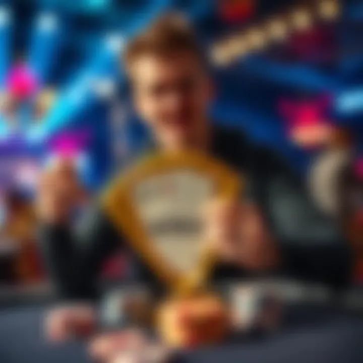 Seth Davies celebrating his victory at the WSOP Super High Roller event, holding a trophy with poker chips and cards on the table