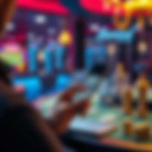 A person setting a budget for gambling on their phone, with casino elements in the background