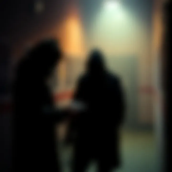 Shadowy figure selling substances A shadowy figure in a dimly lit area, exchanging small packets with an unknown person, symbolizing dangerous sales practices.