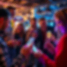 A group of friends excitedly sharing their mobile casino game spins on their phones, showing impressive wins and animations, with colorful graphics visible on the screens.