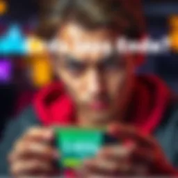 A person looks distressed while staring at a phone showing a gambling app with a large loss displayed on the screen.