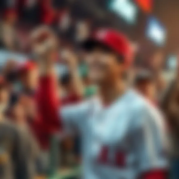 Shoehei Ohtani smiles as he celebrates his recent win, surrounded by cheering fans, with baseball paraphernalia in the background.