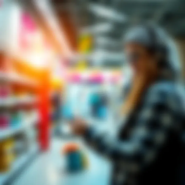 A shopper at a retail store looking at a rewards card and shopping items