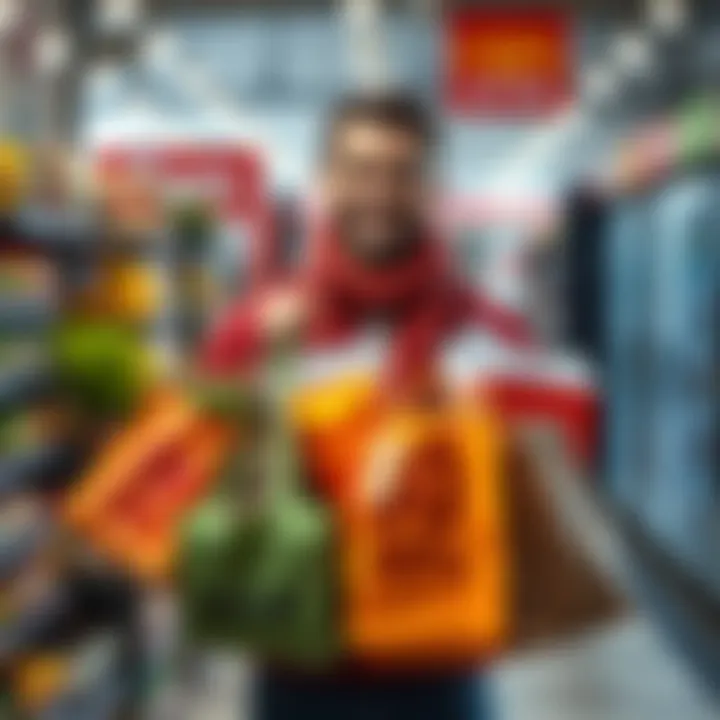 A shopper holding bags filled with groceries and discounts, showcasing smart buying skills