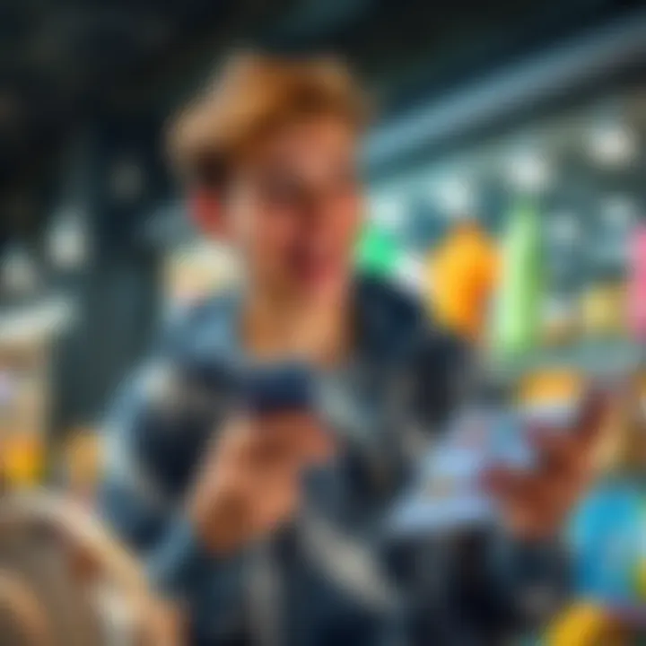 A person happily exploring deals on a shopping app, excited about savings on various products.