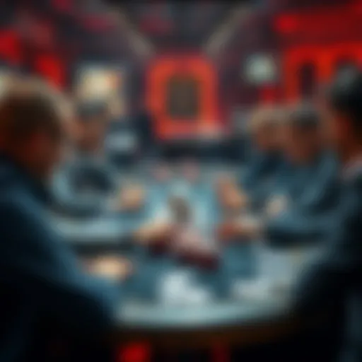 A group of players at a table playing Short Deck poker, studying their cards and discussing strategies.