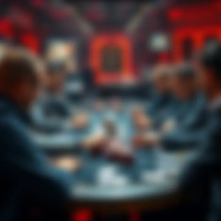 A group of players at a table playing Short Deck poker, studying their cards and discussing strategies.