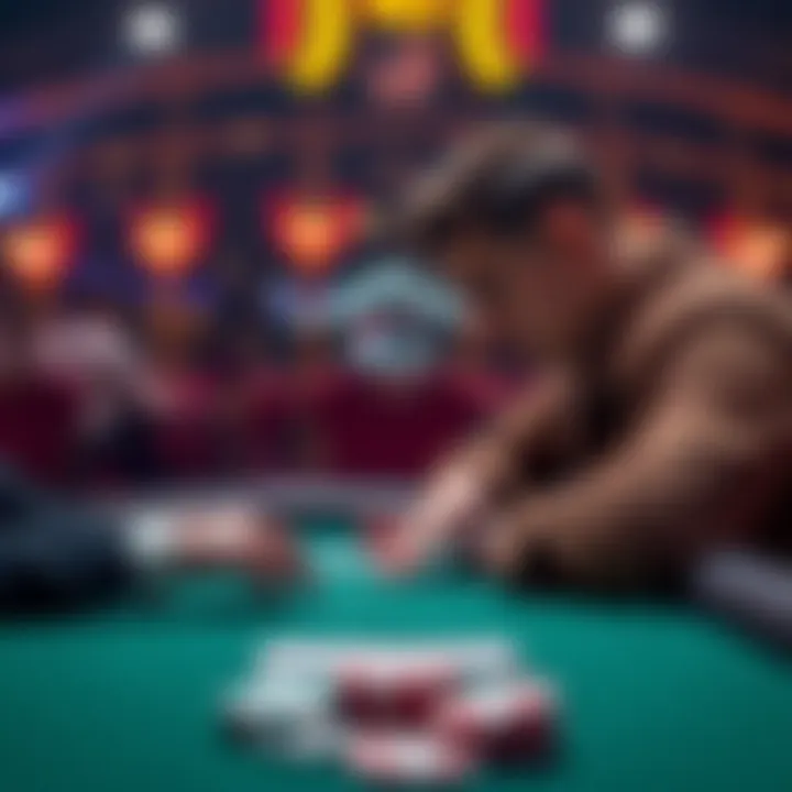 A player with a few chips facing a confident chip leader at a poker table, contemplating their next move.