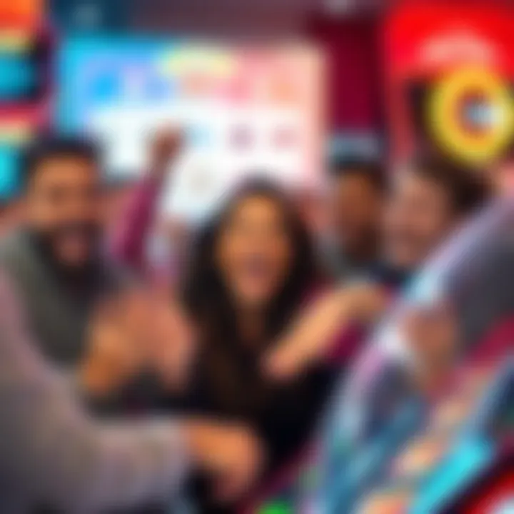 A group of people joyfully participating in the Shuffle Em game, with expressions of excitement as they hope to win a dollar.