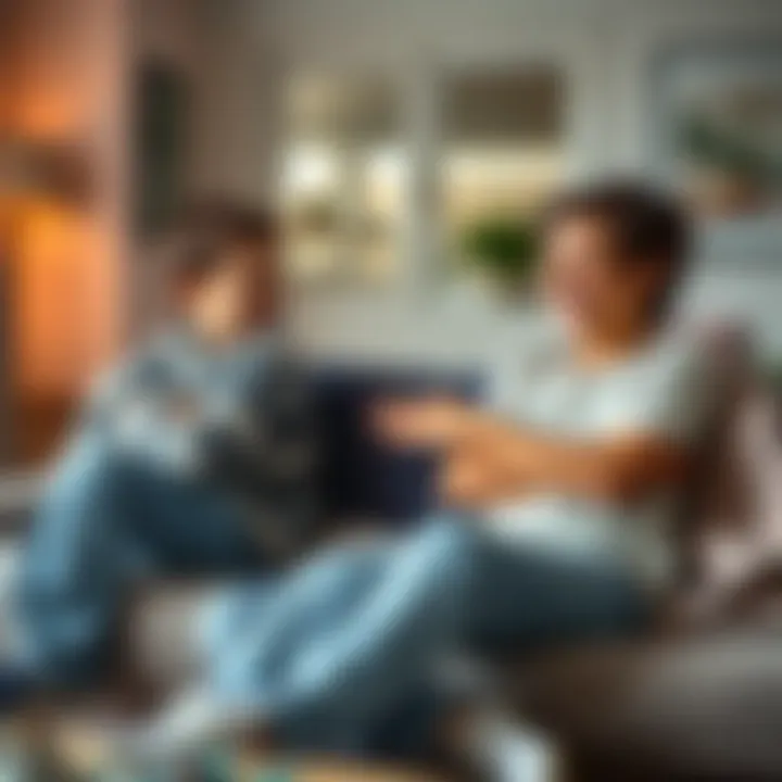 Two siblings sitting together, sharing a laugh and showing support for one another in a cozy home setting