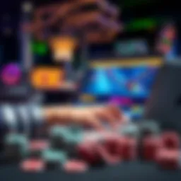 A person analyzing gaming strategies on a laptop with casino elements like chips and cards around them