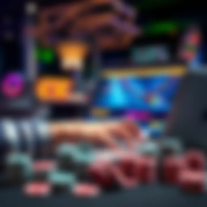 A person analyzing gaming strategies on a laptop with casino elements like chips and cards around them