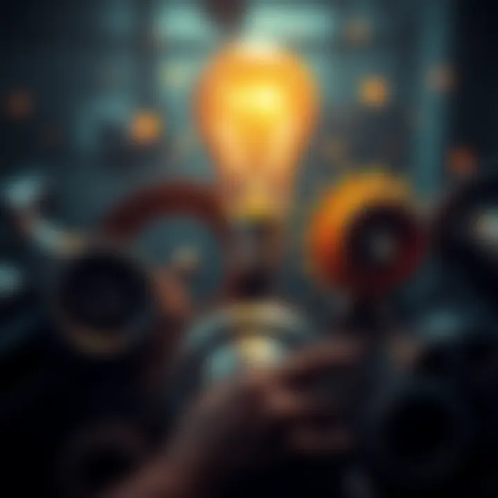 A light bulb representing simple ideas above a person thinking, surrounded by gears to symbolize complex challenges.