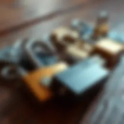 A close-up of various simple locks on a wooden surface, highlighting their design and features.