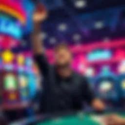A person celebrating a win at a casino game with bright lights and excitement.