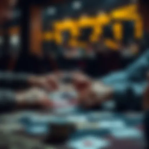 A close-up view of a person playing a card game alone, focused on their strategy, with game cards spread out on the table