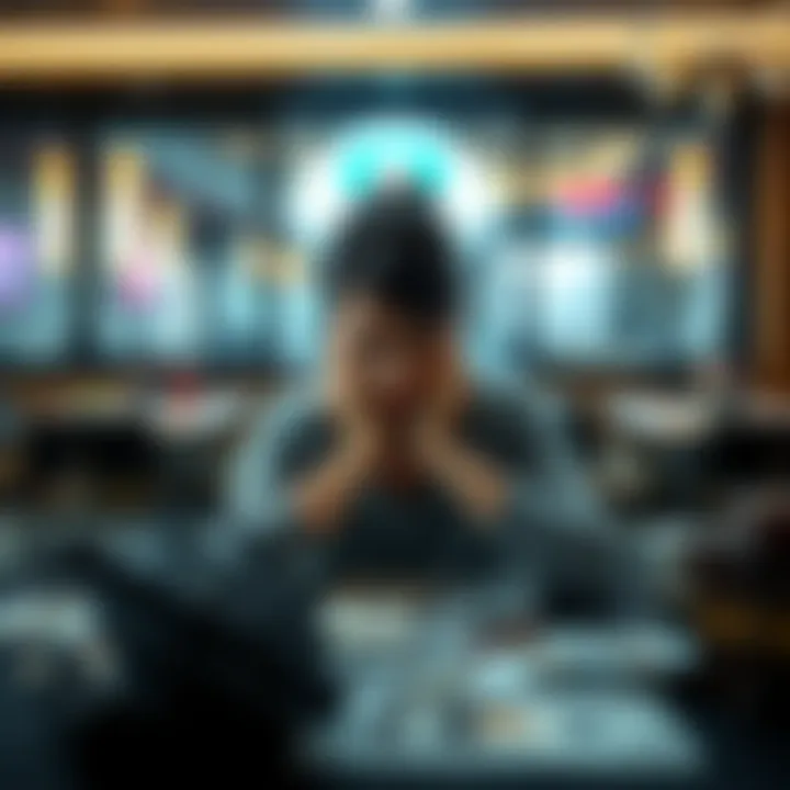 A worried young woman holding her head in her hands, looking stressed while sitting at a table covered in bills and a gambling game flyer.